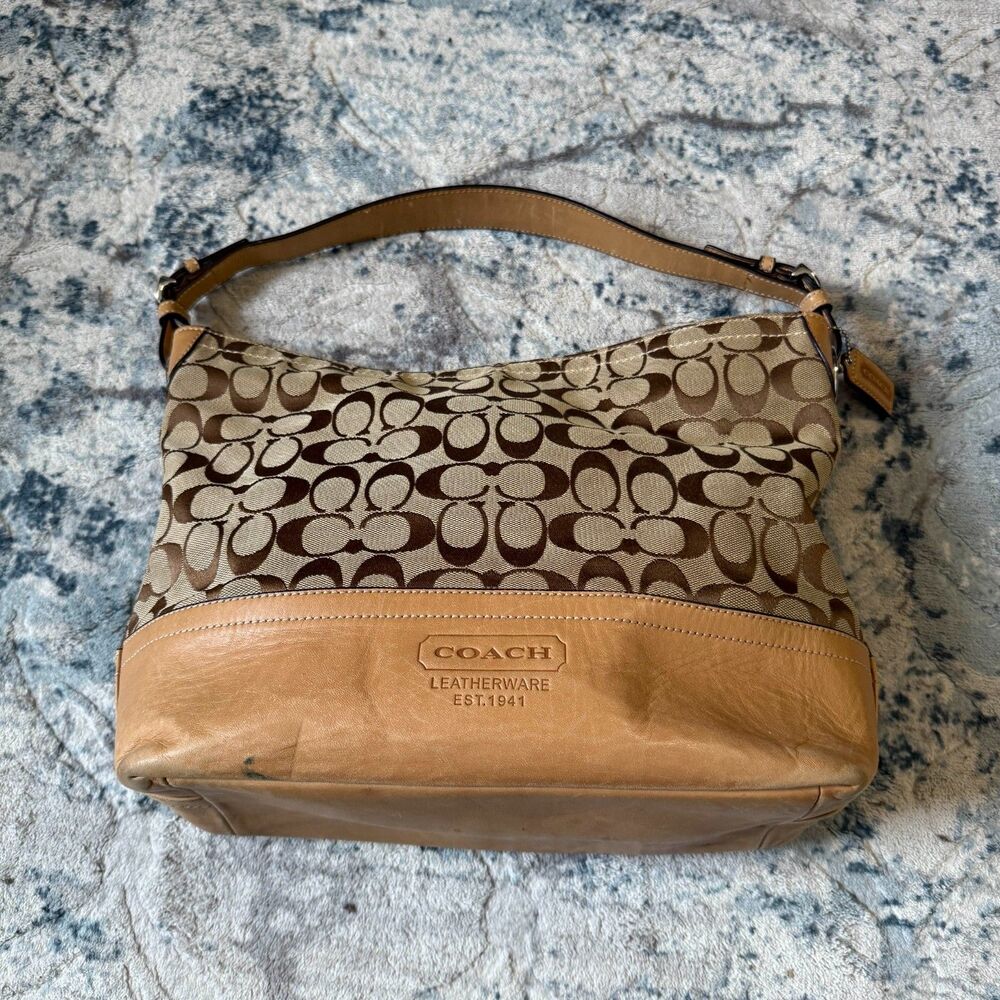 Coach Leather Signature Tan Brown Canvas Purse, Leather, Hobo Shoulder Bag